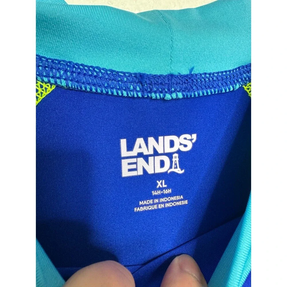 Lands End Boys XL Husky Rash Guard Blue Green Colorblock Crewneck UPF 50 Stretch